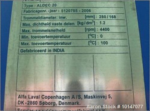 Used Alfa Laval Aldec-20 Solid Bowl Decanter Centrifuge. 316 Stainless steel construction (product contact areas), maximum bowl speed 4400 rpm, single row of lined cake discharge ports, liquid plate ...