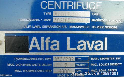 Used Alfa Laval Decanter, Type ALDEC 406, 316 stainless steel construction on product contact parts. Maximum bowl speed 4000 rpm. 110mm single lead conveyor with hardfacing. Driven by a 22 kw, 3/50/3...