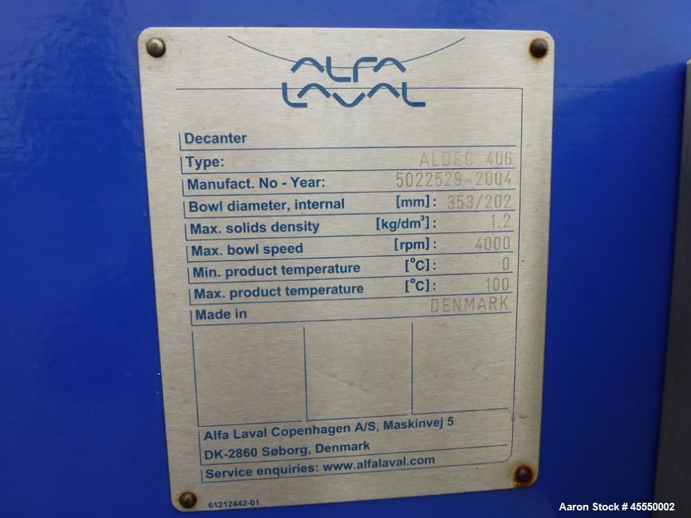 Used Alfa Laval Aldec 406 Solid Bowl Decanter Centrifuge