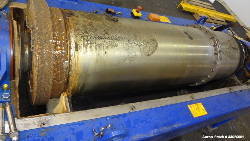 Used Alfa Laval Aldec 506 Solid Bowl Decanter Centrifuge. 316 Stainless steel (product contact areas). Maximum bowl speed 3250 rpm, base, bowl diameter 17.7" (450 mm), length 78.4" (2000 mm), casing ...