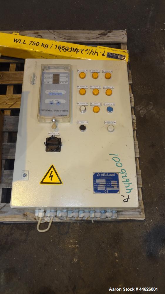 Used Alfa Laval Aldec 506 Solid Bowl Decanter Centrifuge. 316 Stainless steel (product contact areas). Maximum bowl speed 3250 rpm, base, bowl diameter 17.7" (450 mm), length 78.4" (2000 mm), casing ...