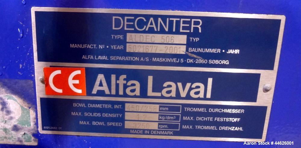 Used Alfa Laval Aldec 506 Solid Bowl Decanter Centrifuge. 316 Stainless steel (product contact areas). Maximum bowl speed 3250 rpm, base, bowl diameter 17.7" (450 mm), length 78.4" (2000 mm), casing ...