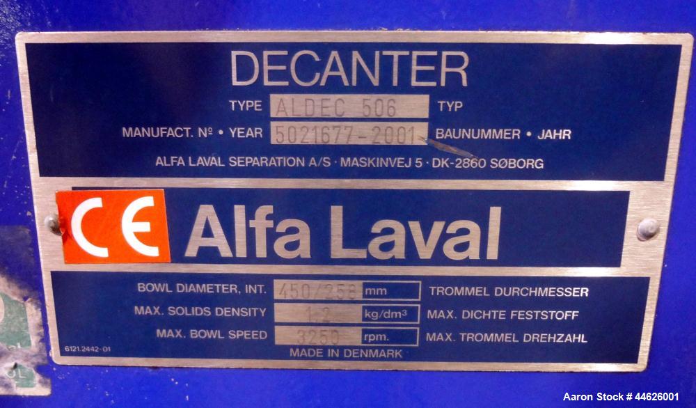 Used Alfa Laval Aldec 506 Solid Bowl Decanter Centrifuge. 316 Stainless steel (product contact areas). Maximum bowl speed 3250 rpm, base, bowl diameter 17.7" (450 mm), length 78.4" (2000 mm), casing ...