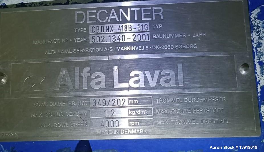 Used-Alfa Laval Decanter Centrifuge, Model CBDNX-418B - 31G