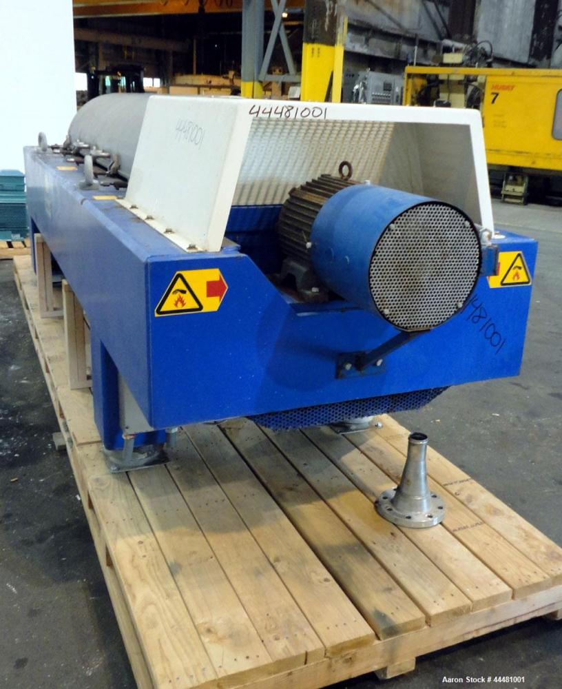 Used Alfa Laval DS-403 Solid Bowl Decanter Centrifuge. 2205 Stainless steel construction (product contact areas), bowl dimensions 18.9" diameter x 80" long, maximum bowl speed 3650 rpm, 152 mm single...