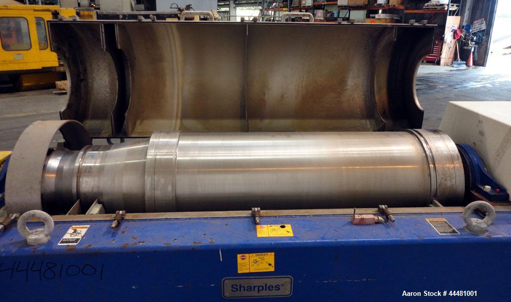 Used Alfa Laval DS-403 Solid Bowl Decanter Centrifuge. 2205 Stainless steel construction (product contact areas), bowl dimensions 18.9" diameter x 80" long, maximum bowl speed 3650 rpm, 152 mm single...