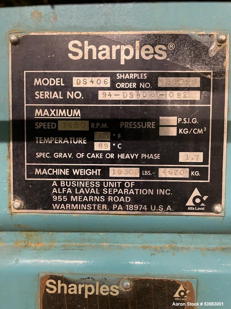Used Alfa Laval / Sharples DS-406 Super-D-Canter Centrifuge – 317 SS, 150 HP Drive