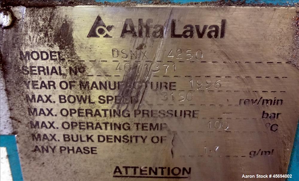 Used Alfa Laval/Sharples DSNX 4250 (PM36000) Super-D-Canter Centrifuge (dry solids design). 316 Stainless steel construction (product contact areas). Maximum bowl speed 3150 rpm. 5.5" single lead con...