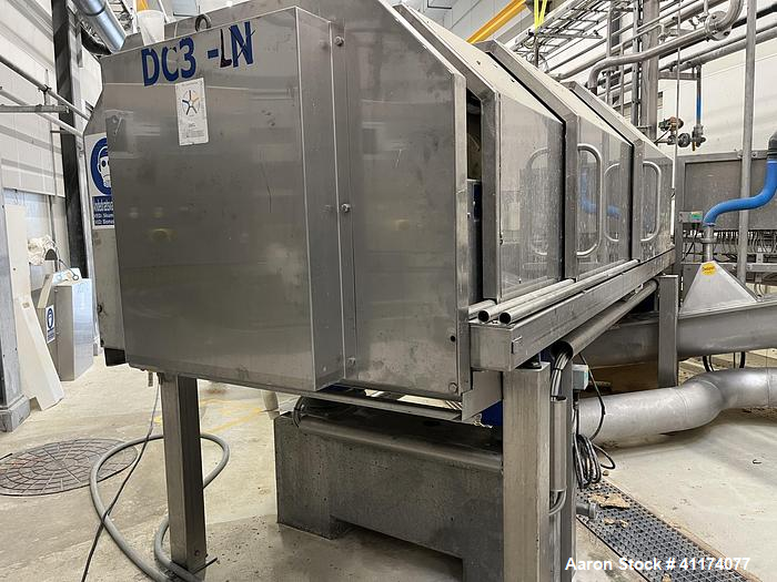 Used Alfa Laval DSNX 4850 Decanter Centrifuge. Stainless steel (product contact areas). Max bowl speed 3650 rpm, 2 phase separation (liquid/solids) design. Bowl dia: 480/263 mm (18.7/10.2), Bowl beach angle: 10°, 250 mm (10") pitch, conveyor flights are protected with around 200 tungsten carbide tiles, single row of 360 deg lined cake solids discharge ports, base, casing, gearbox 6 kNm, back drive 1:169 and Alfa Laval control panel with ABC controller. Previously used in a Medical WWT applicati