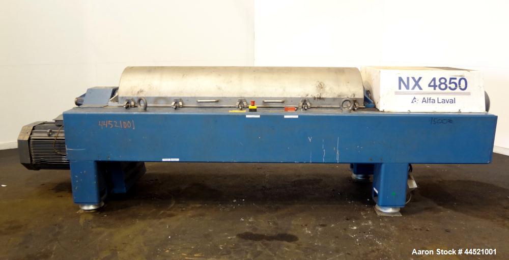 Used Alfa Laval DSNX-4850 Solid Bowl Decanter Centrifuge.  AISI 316 (1.4401) Stainless steel construction on product contact parts.  Max bowl speed 3650 rpm, 2 phase, 18.8" diameter x 80.1" straight ...