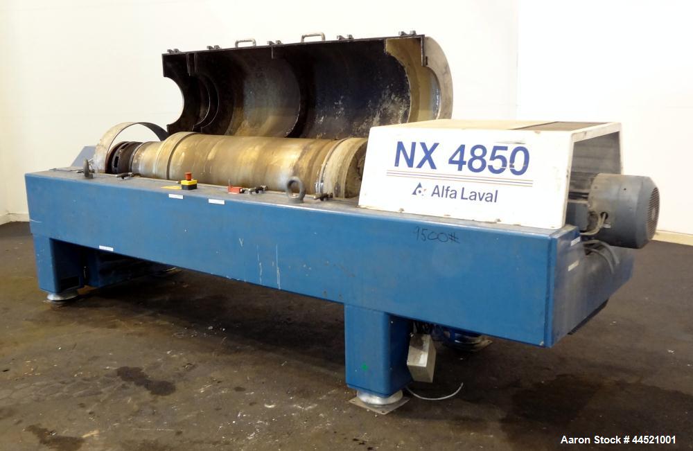 Used Alfa Laval DSNX-4850 Solid Bowl Decanter Centrifuge.  AISI 316 (1.4401) Stainless steel construction on product contact parts.  Max bowl speed 3650 rpm, 2 phase, 18.8" diameter x 80.1" straight ...