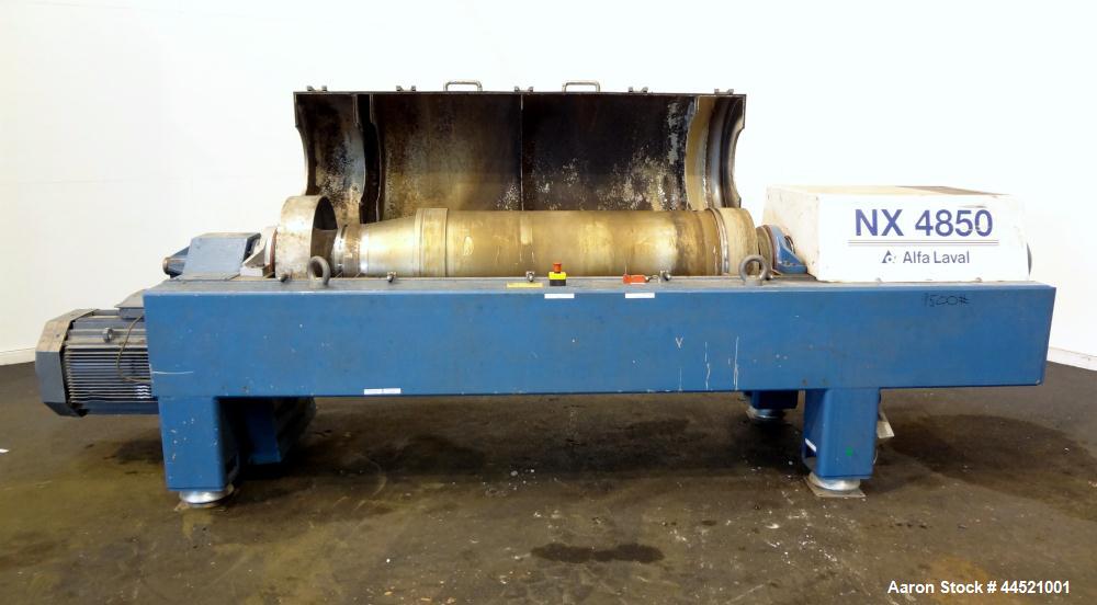 Used Alfa Laval DSNX-4850 Solid Bowl Decanter Centrifuge.  AISI 316 (1.4401) Stainless steel construction on product contact parts.  Max bowl speed 3650 rpm, 2 phase, 18.8" diameter x 80.1" straight ...