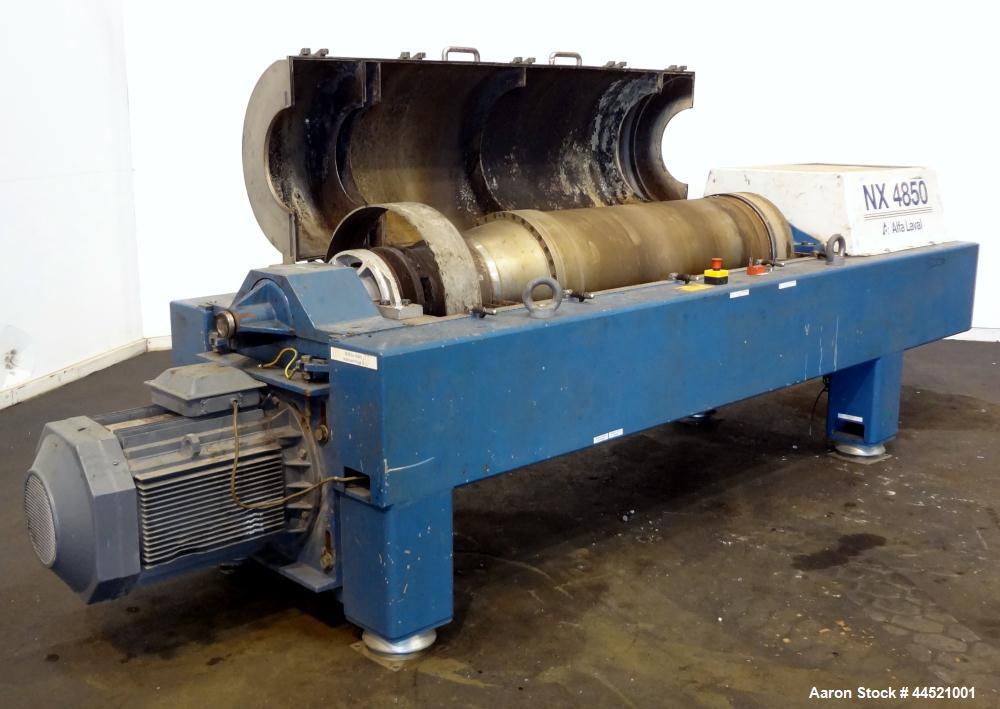 Used Alfa Laval DSNX-4850 Solid Bowl Decanter Centrifuge.  AISI 316 (1.4401) Stainless steel construction on product contact parts.  Max bowl speed 3650 rpm, 2 phase, 18.8" diameter x 80.1" straight ...