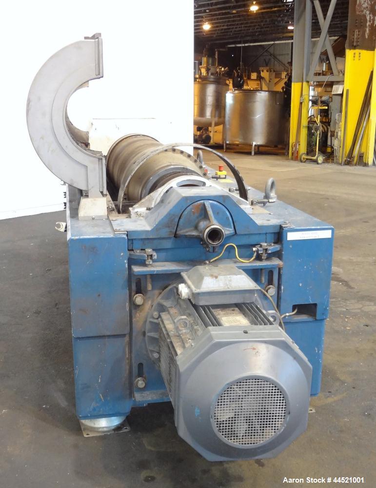 Used Alfa Laval DSNX-4850 Solid Bowl Decanter Centrifuge.  AISI 316 (1.4401) Stainless steel construction on product contact parts.  Max bowl speed 3650 rpm, 2 phase, 18.8" diameter x 80.1" straight ...