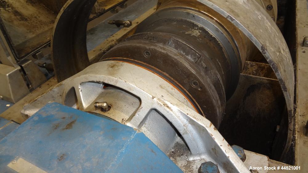 Used Alfa Laval DSNX-4850 Solid Bowl Decanter Centrifuge.  AISI 316 (1.4401) Stainless steel construction on product contact parts.  Max bowl speed 3650 rpm, 2 phase, 18.8" diameter x 80.1" straight ...
