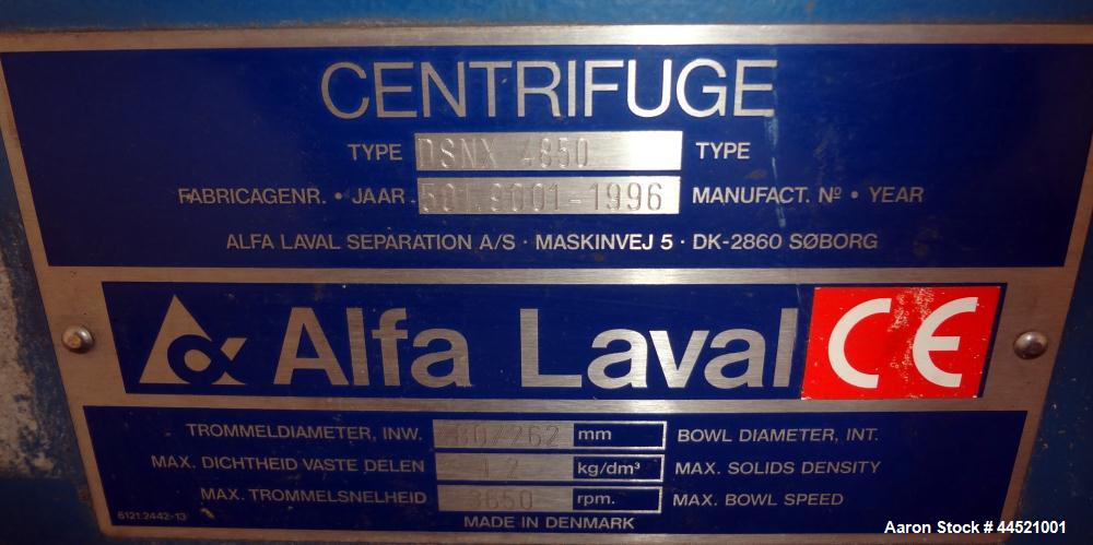 Used Alfa Laval DSNX-4850 Solid Bowl Decanter Centrifuge.  AISI 316 (1.4401) Stainless steel construction on product contact parts.  Max bowl speed 3650 rpm, 2 phase, 18.8" diameter x 80.1" straight ...