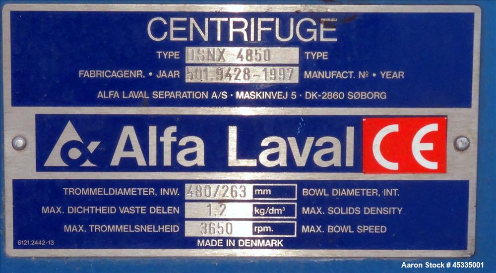 Used Alfa Laval DSNX-4850 Solid Bowl Decanter Centrifuge