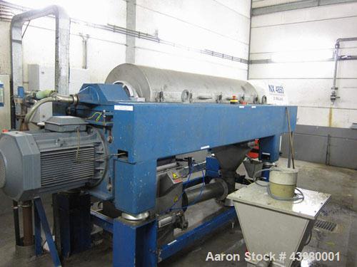 Used Alfa Laval DSNX4850 Decanter Centrifuge. AISI316 (1.4401) Stainless steel construction on product contact parts. Max bowl speed 3650 rpm, 2 phase, 18.8” diameter x 79.4” straight side (480 mm di...