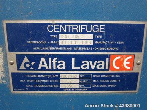 Used Alfa Laval DSNX4850 Decanter Centrifuge. AISI316 (1.4401) Stainless steel construction on product contact parts. Max bowl speed 3650 rpm, 2 phase, 18.8” diameter x 79.4” straight side (480 mm di...