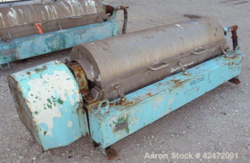 Used Alfa Laval decanter, type NX 418B-31G. 316 stainless steel construction on product contact parts. Approximate maximum bowl speed 4000. Single lead conveyor. Complete with gearbox.