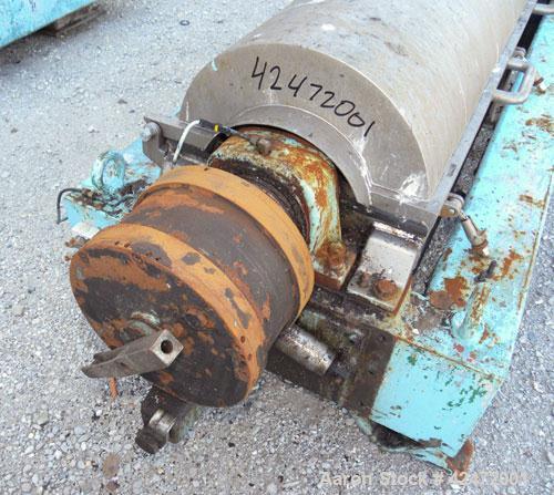 Used Alfa Laval decanter, type NX 418B-31G. 316 stainless steel construction on product contact parts. Approximate maximum bowl speed 4000. Single lead conveyor. Complete with gearbox.