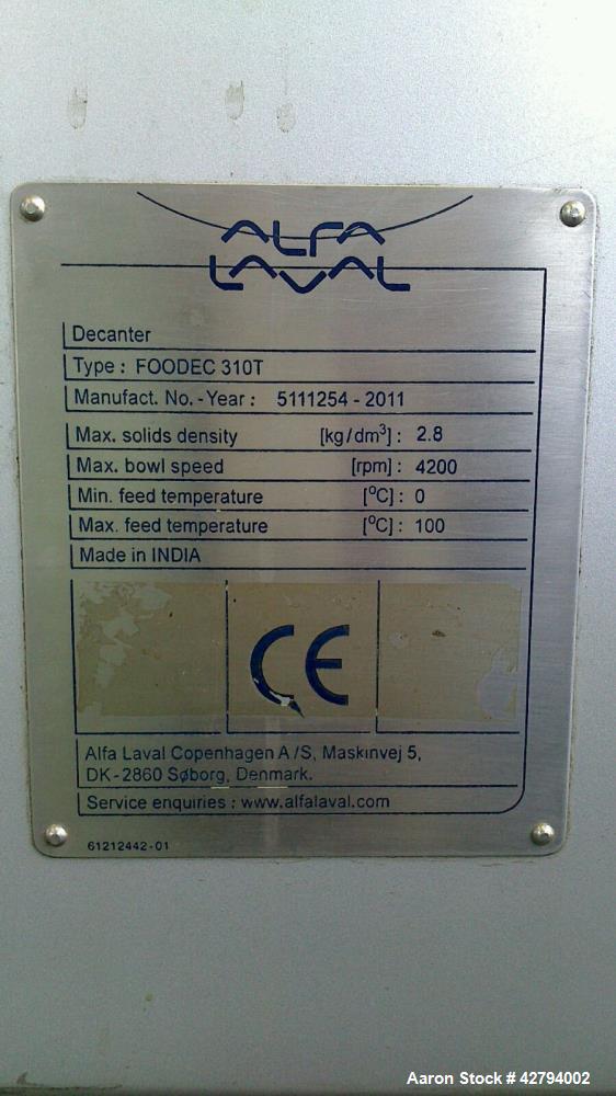 Used Alfa Laval FOODEC 310 Solid Bowl Decanter Centrifuge