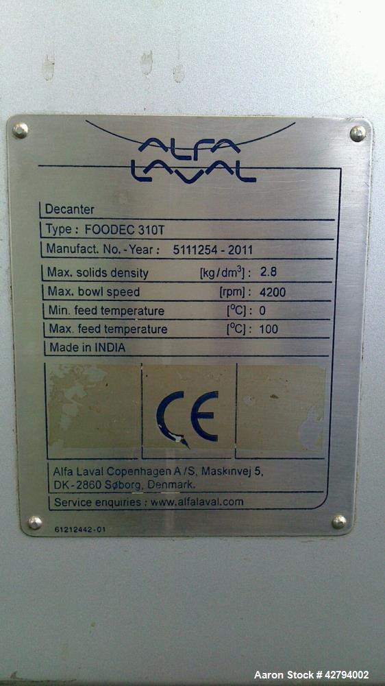 Used- Alfa Laval FOODEC 310 Solid Bowl Decanter Centrifuge