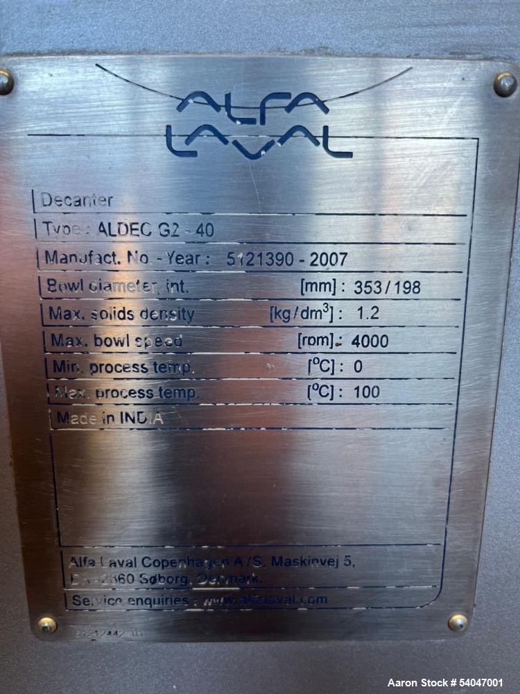 Used Alfa Laval Aldec-G2-40 Solid Bowl Decanter Centrifuge – 316SS, 4000 RPM, 30 HP, Wastewater Application