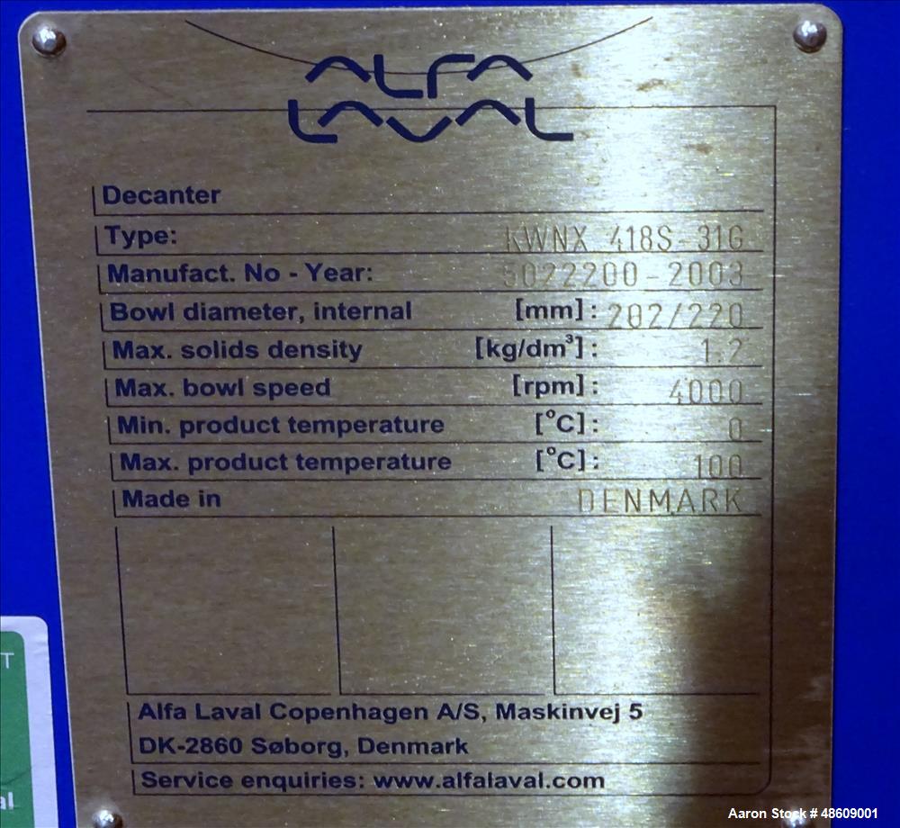 Unused- Alfa Laval Solid Bowl Decanter Centrifuge, Model KWNX-418S-31G