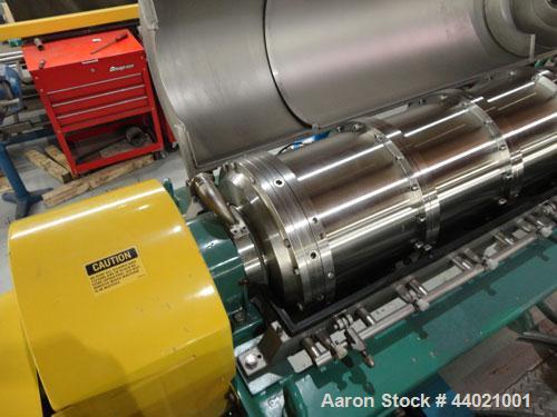 Used Alfa Laval MRNX-418 Sanitary (2 or 3-Phase) Solid Bowl Decanter Centrifuge. 316 Stainless steel construction (product contact areas), 4000 bowl rpm, polished 70 mm single lead conveyor, single r...