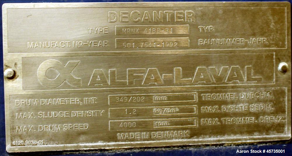 Used Alfa Laval MRNX-418B-31 Solid Bowl Decanter Centrifuge.