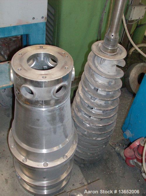Used Alfa Laval NX-309B-31 Solid Bowl Decanter Centrifuge. 316 Stainless steel construction on product contact parts. Max bowl speed 5600 rpm, 3 phase, 1 3/4" (45 mm) single lead "Esjberg" design con...