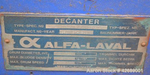 Used Alfa Laval NX-418-31 Solid Bowl Decanter Centrifuge. 316 Stainless steel construction on product contact parts. Max bowl speed 4000 rpm, 3 phase, 2 ¾" (70 mm) single lead conveyor with welded ha...