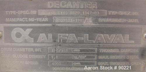 USED: Alfa Laval NX-418-B11G (2/3 phase) solid bowl decanter centrifuge. 316 stainless steel construction on product contact areas, max speed 4000 rpm, approximate 3" single lead conveyor with welded...