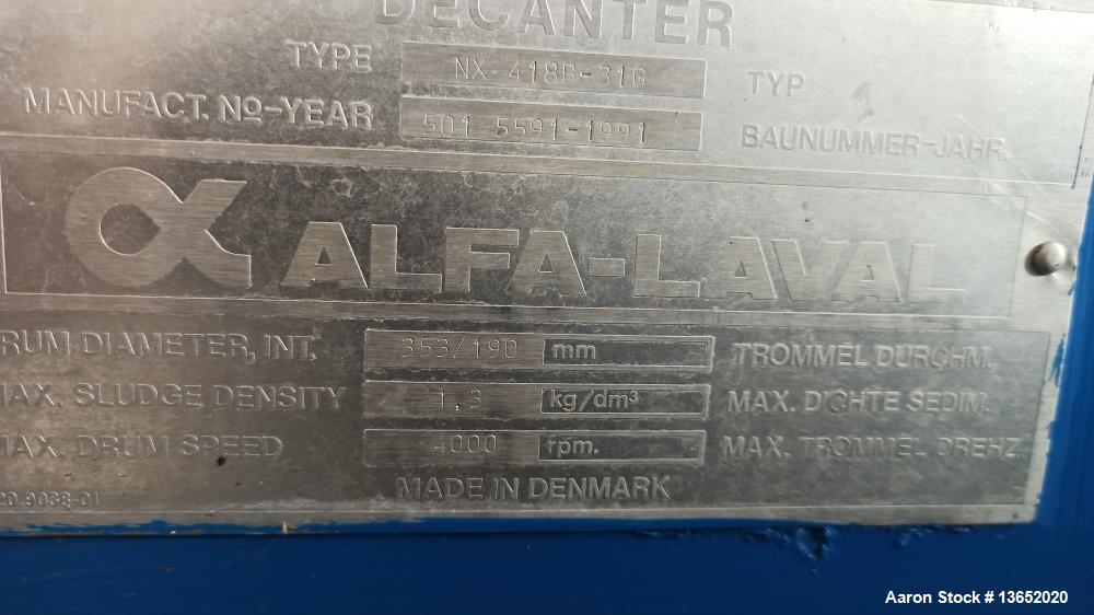 Used Alfa Laval Solid Bowl Decanter Centrifuge. Model NX-418B-31G