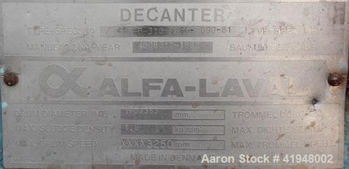 Used Alfa Laval NX-418B-31G Solid Bowl Decanter Centrifuge, 316 Stainless Steel (product contact areas). Maximum bowl speed 3250 rpm, 110mm single lead conveyor with sintered tungsten carbide wear pr...