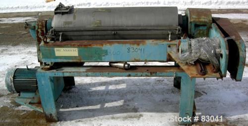 Used Alfa Laval NX-418B-31G Solid Bowl Decanter Centrifuge. 316 stainless steel construction on product contact areas. Maximum bowl speed 4000 rpm. 3" esjberg single lead conveyor with TM-21 welded h...