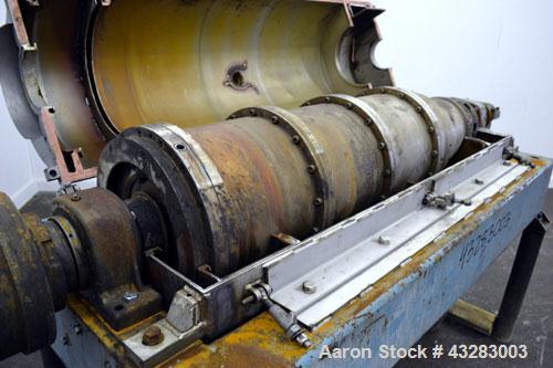 Used Alfa Laval NX-418 (2 or 3 phase) Solid Bowl Decanter Centrifuge. 316 Stainless steel construction (product contact areas), maximum bowl speed 3250 rpm, single row of lined cake discharge ports, ...