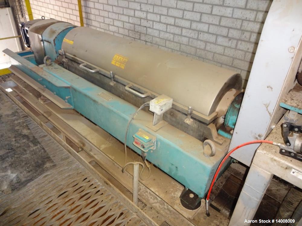 Used Alfa Laval NX-420 Solid Bowl Decanter Centrifuge. 316 Stainless steel on product contact parts. 3-1/2" pitch. Maximum bowl speed 4000 rpm. Bowl diameter 8.3/13.8" (210/353 mm). Driven by a 15kw,...