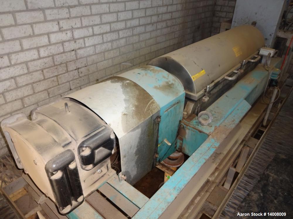 Used Alfa Laval NX-420 Solid Bowl Decanter Centrifuge. 316 Stainless steel on product contact parts. 3-1/2" pitch. Maximum bowl speed 4000 rpm. Bowl diameter 8.3/13.8" (210/353 mm). Driven by a 15kw,...
