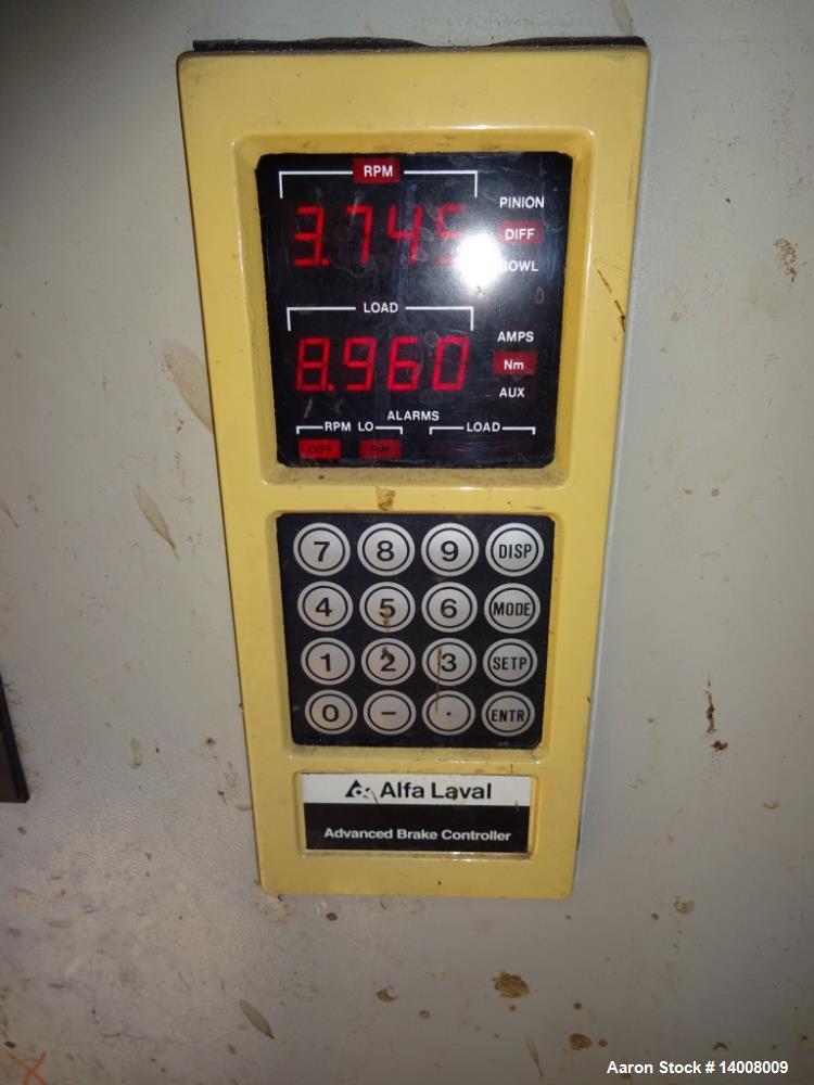 Used Alfa Laval NX-420 Solid Bowl Decanter Centrifuge. 316 Stainless steel on product contact parts. 3-1/2" pitch. Maximum bowl speed 4000 rpm. Bowl diameter 8.3/13.8" (210/353 mm). Driven by a 15kw,...