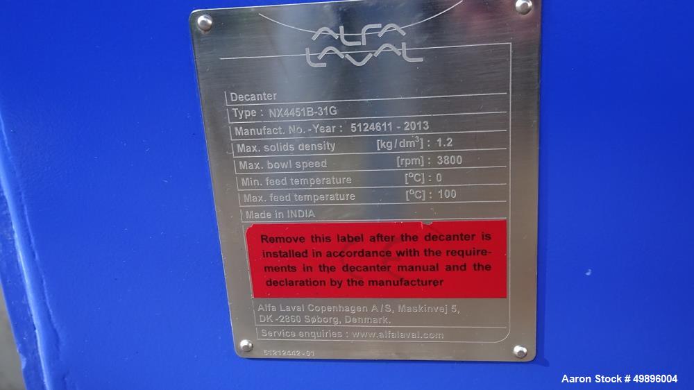 Used Alfa Laval NX-4451B-31G Solid Bowl Decanter Centrifuge.