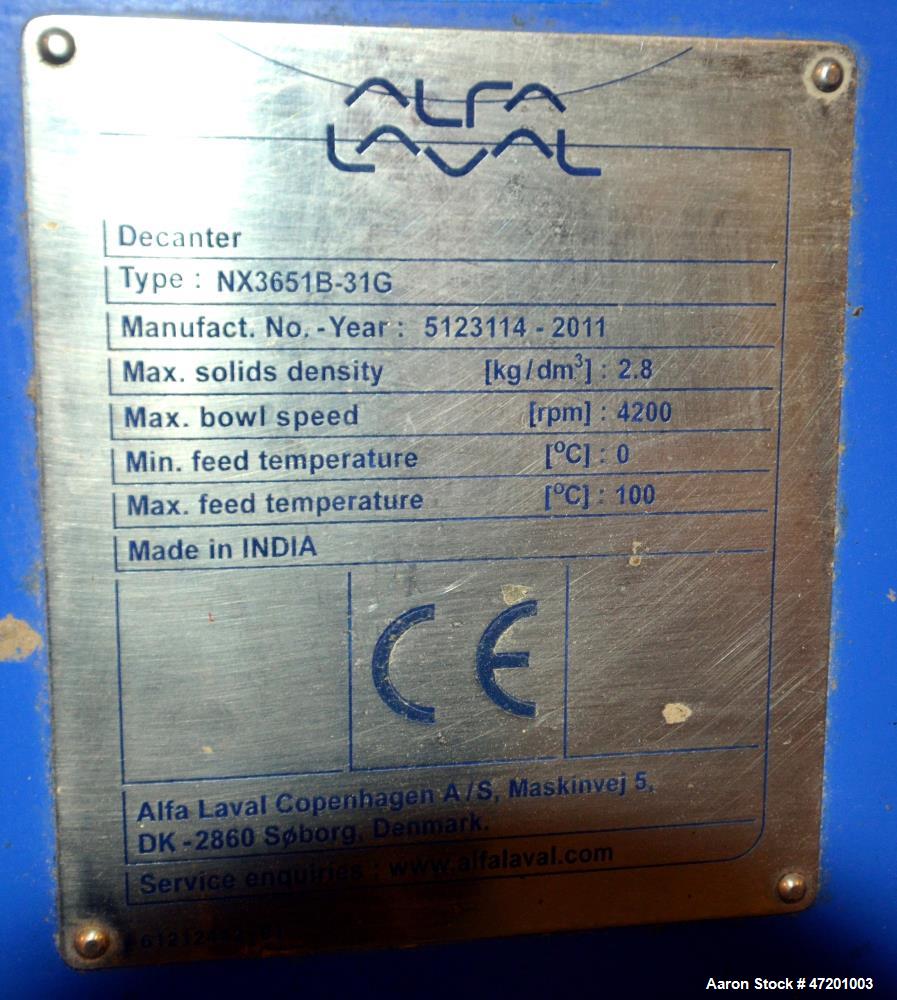 Used Alfa Laval NX3651B-31G Decanter Centrifuge. 316 Stainless steel product contact areas. Maximum bowl speed 4200 rpm, approximate 6" single lead conveyor, single row of lined cake discharge ports,...