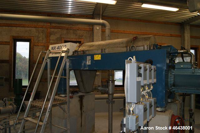 Used Alfa Laval NX-4055 Solid Bowl Decanter Centrifuge, 316 Stainless Steel Construction (product contact areas). Maximum bowl speed 4,000 rpm, 110 mm single lead conveyor with welded hard facing, si...
