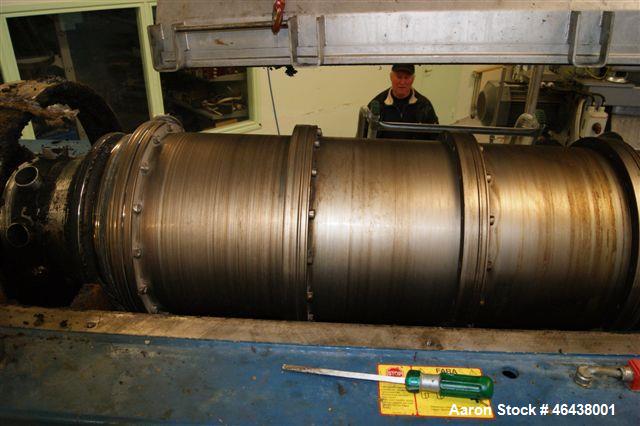 Used Alfa Laval NX-4055 Solid Bowl Decanter Centrifuge, 316 Stainless Steel Construction (product contact areas). Maximum bowl speed 4,000 rpm, 110 mm single lead conveyor with welded hard facing, si...