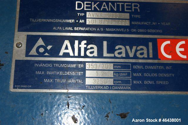 Used Alfa Laval NX-4055 Solid Bowl Decanter Centrifuge, 316 Stainless Steel Construction (product contact areas). Maximum bowl speed 4,000 rpm, 110 mm single lead conveyor with welded hard facing, si...