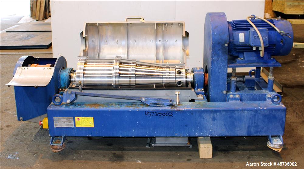 Used Alfa Laval NX-414B-31 Solid Bowl Decanter Centrifuge, 316 stainless steel (product contact areas). Max bowl speed 4000 rpm, single row of cake solids discharge ports, 2.75" single lead conveyor,...