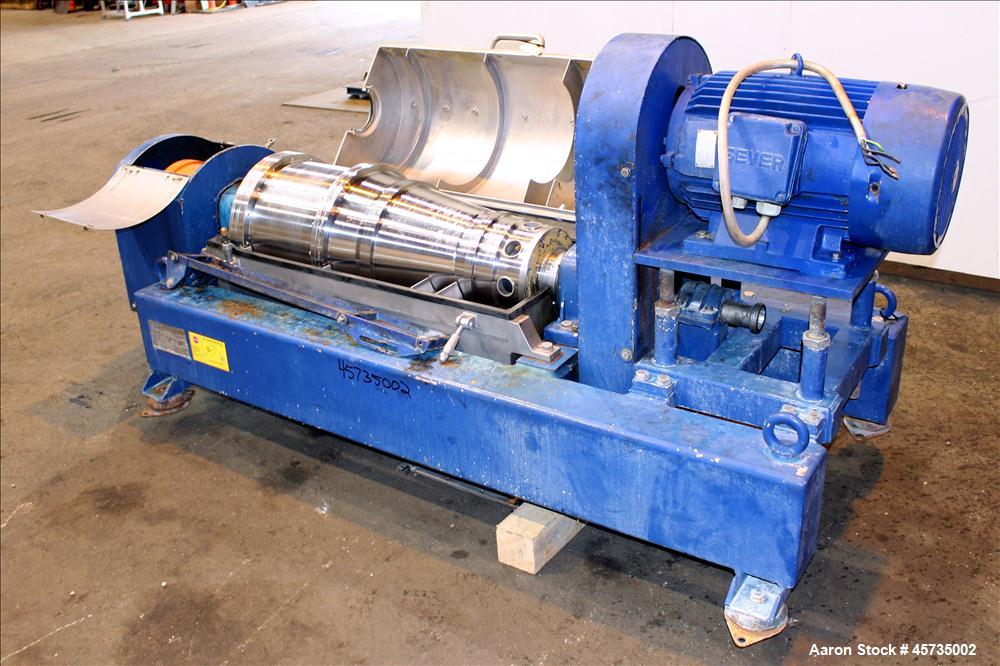 Used Alfa Laval NX-414B-31 Solid Bowl Decanter Centrifuge, 316 stainless steel (product contact areas). Max bowl speed 4000 rpm, single row of cake solids discharge ports, 2.75" single lead conveyor,...