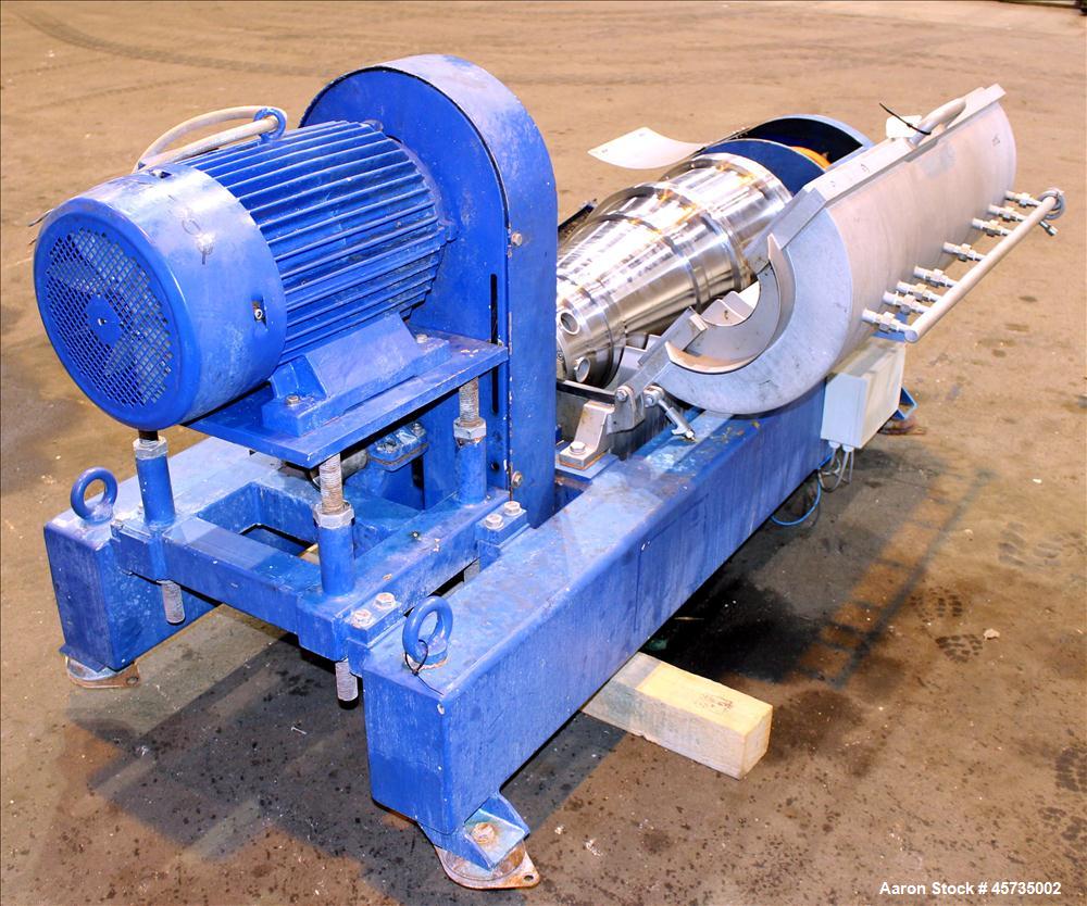 Used Alfa Laval NX-414B-31 Solid Bowl Decanter Centrifuge, 316 stainless steel (product contact areas). Max bowl speed 4000 rpm, single row of cake solids discharge ports, 2.75" single lead conveyor,...