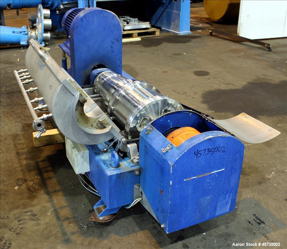 Used Alfa Laval NX-414B-31 Solid Bowl Decanter Centrifuge, 316 stainless steel (product contact areas). Max bowl speed 4000 rpm, single row of cake solids discharge ports, 2.75" single lead conveyor,...
